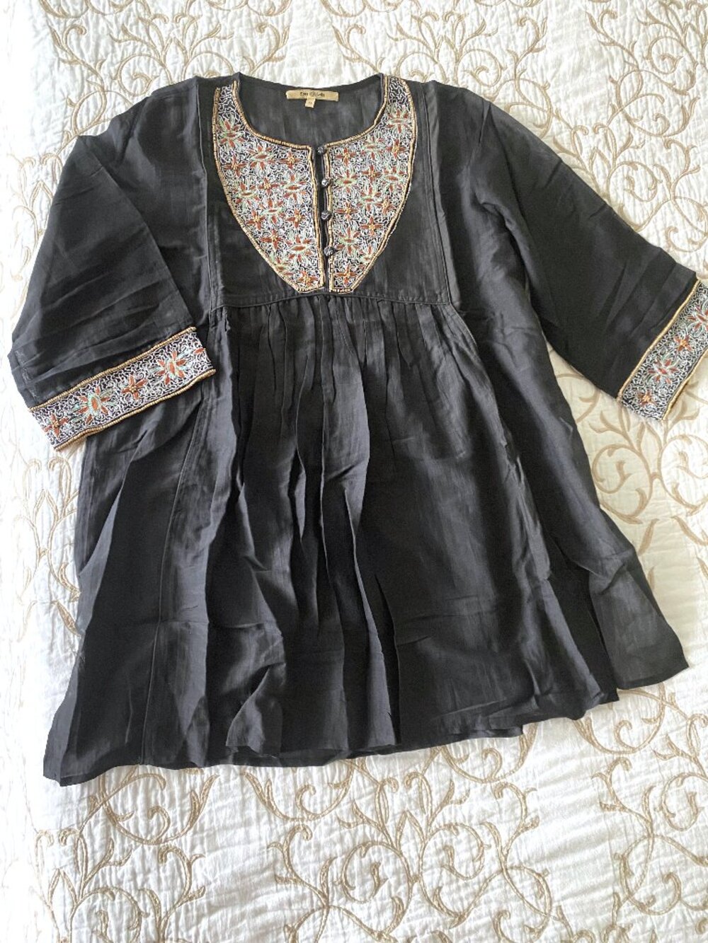 Flora Bella Women Black Sheer Cotton Silk Enbroidered Round Neck Top Tunic XL